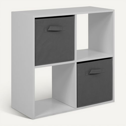 Rangement 4 cubes blanc CUBIK avec 2 paniers tissu gris vue 3/4