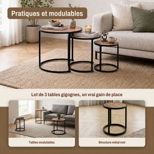 Tables basses gigognes CYNTHIA imitation chêne et noir vue accessoires