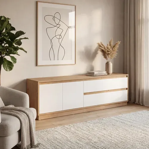 Meuble TV Meuble TV L.175 cm PHOENIX imitation chêne et blanc brillant vue d'ambiance 1