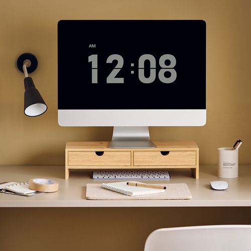 Support écran Ordinateur Avec Tiroirs - Organiseur Bureau Bois Rangement Clavier Souris Téléphone