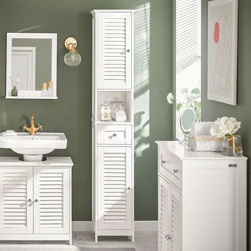 Colonne de Salle de Bain Haute, Avec 1 Tiroir, 2 Portes et 4 Étagères Intérieures, FRG236-W