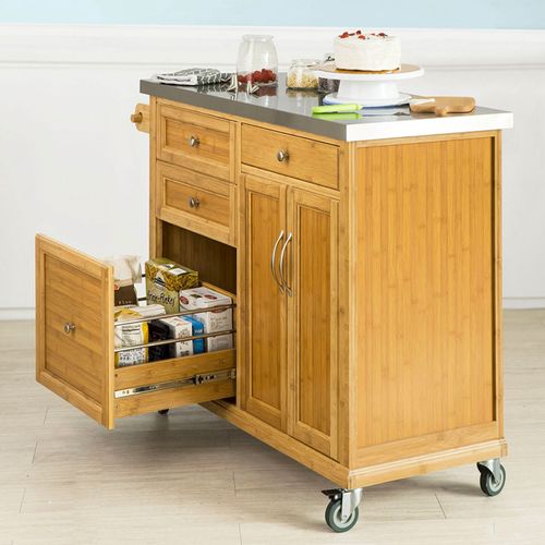 Meuble De Rangement Cuisine Buffet De Cuisine Roulant Desserte Sur Roulettes En Bambou Fkw70-n
