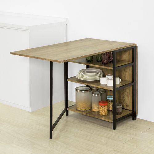 Table Pliante Avec 2 Abattants Et 3 Étagères De Rangement, Table De Cuisine Rabattable, Fwt62-n