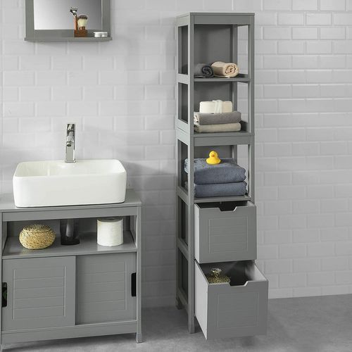 Meuble Colonne De Salle De Bain Armoire Haute – 4 Étagères Et 2 Tiroirs, Frg126-sg