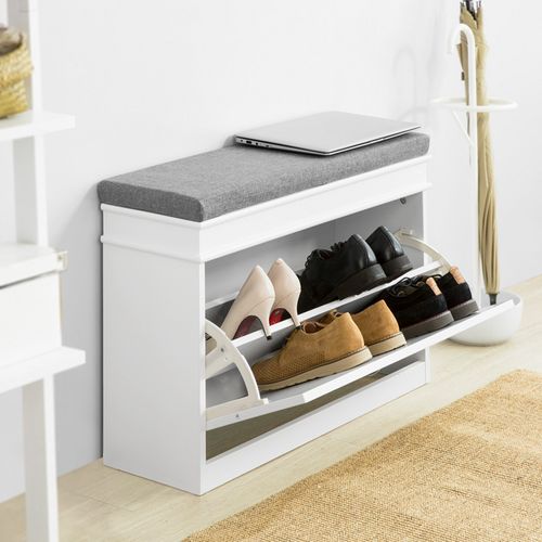 Banc à Chaussures Meuble à Chaussures Avec Assise Coussin Rembourré, 75x24x51 Cm, Fsr82-l-w