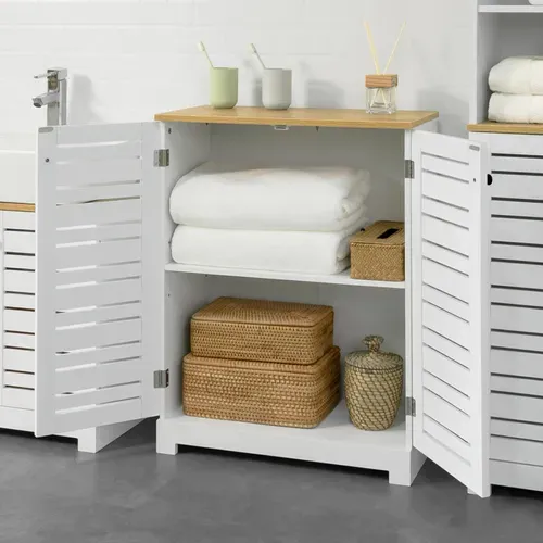 Meuble Bas Placard De Rangement Armoire Meuble De Salle De Bain Avec 2 Portes Persiennes, BZr41-w