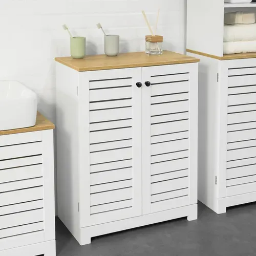 Meuble Bas Placard De Rangement Armoire Meuble De Salle De Bain Avec 2 Portes Persiennes, BZr41-w