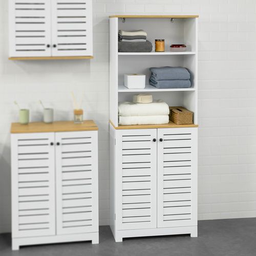 Meuble Colonne De Salle De Bain Armoire Haute Avec 3 Etagères Et 2 Portes Persiennes, BZr44-w