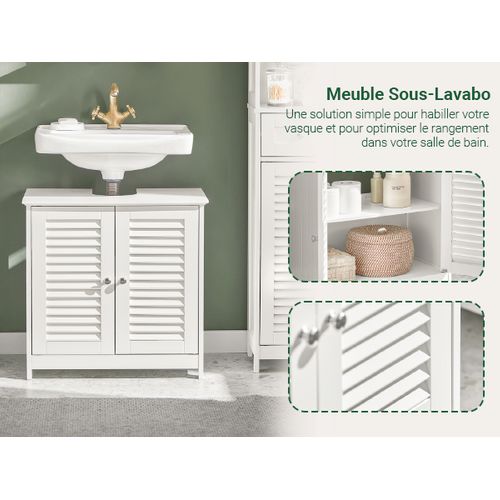 Meuble Sous Lavabo 60 x 35 x 58cm Avec 2 Portes Et 2 Étages, Blanc