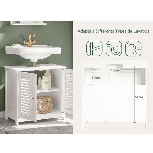 Meuble Sous Lavabo 60 x 35 x 58cm Avec 2 Portes Et 2 Étages, Blanc