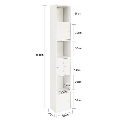 Étagère Sur Pied Étagère De Rangement Meuble Colonne Haute Avec 2portes Et 2 Tiroirs Blanc, Str10-w
