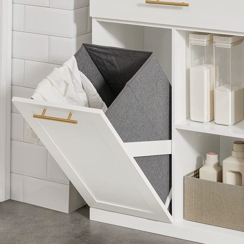 Armoire à Linge Avec Bac à Linge Pliable Meuble Bas Commode Pour Salle De Bain, BZr66-w