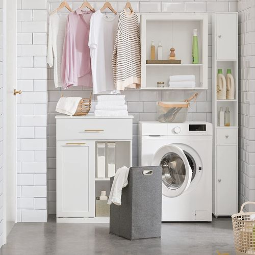 Armoire à Linge Avec Bac à Linge Pliable Meuble Bas Commode Pour Salle De Bain, BZr66-w