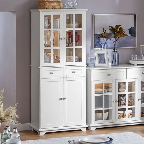 Buffet Haut, Buffet De Cuisine, Meuble De Rangementavec  4 Portes Et 2 Tiroirs, Blanc, Fsb76-w