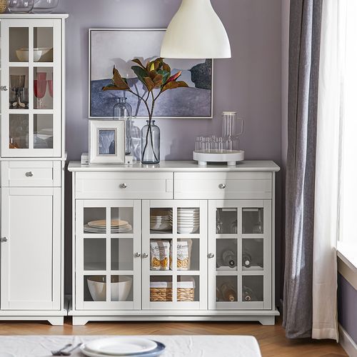 Buffet Bas, Commode Armoire De Rangement, Placard De Cuisine Avec 3 Portes Vitrées, Blanc, Fsb77-w