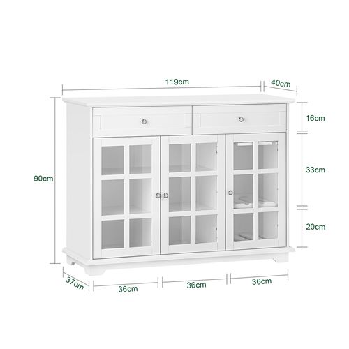 Buffet Bas, Commode Armoire De Rangement, Placard De Cuisine Avec 3 Portes Vitrées, Blanc, Fsb77-w