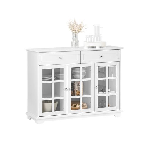 Buffet Bas, Commode Armoire De Rangement, Placard De Cuisine Avec 3 Portes Vitrées, Blanc, Fsb77-w
