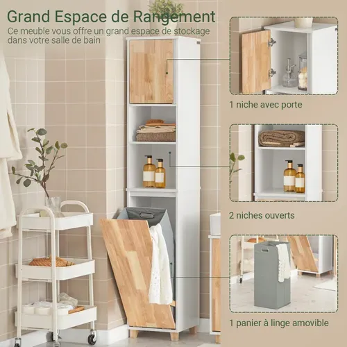 Meuble Colonne De Salle De Bain avec 2 Niches 1 Porte Et 1 Panier à Linge, Blanc, BZr74-w