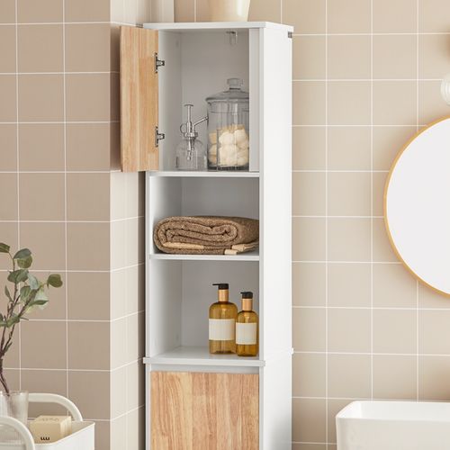 Meuble Colonne De Salle De Bain avec 2 Niches 1 Porte Et 1 Panier à Linge, Blanc, BZr74-w
