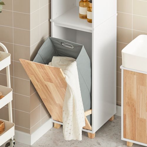 Meuble Colonne De Salle De Bain avec 2 Niches 1 Porte Et 1 Panier à Linge, Blanc, BZr74-w