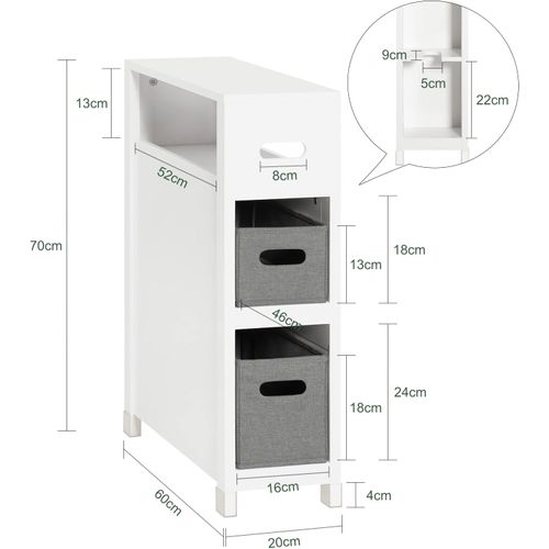 Meuble De Rangement Salle De Bain Étroit, Support Papier Toilette Avec 2 Paniers Amovibles, BZr83-w