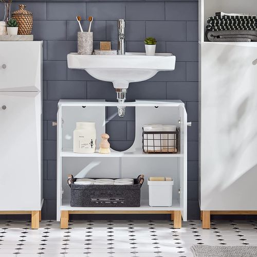 Meuble Sous Lavabo, Meuble Sous Évier, Meuble Sous Vasque Avec 2 Portes, Blanc, BZr92-w
