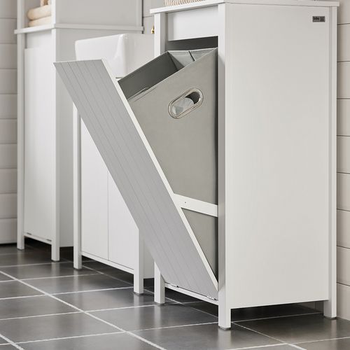Armoire à Linge, Corbeille à Linge, Meuble Bas De Salle De Bain Avec 1 Panier, Blanc, BZr100-w