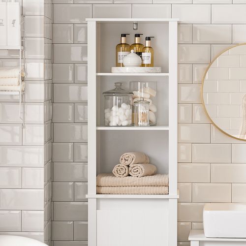 Meuble Colonne De Salle De Bain, 3 Étagères, 1 Panier à Linge Amovible, BZr102-w