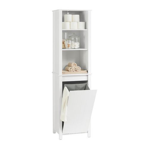 Meuble Colonne De Salle De Bain, 3 Étagères, 1 Panier à Linge Amovible, BZr102-w