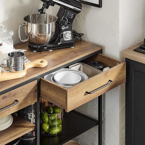 Îlot Central Table de Comptoir avec 2 Tiroirs et 3 Étagères – Style Industriel – 120 x 45 x 91 cm