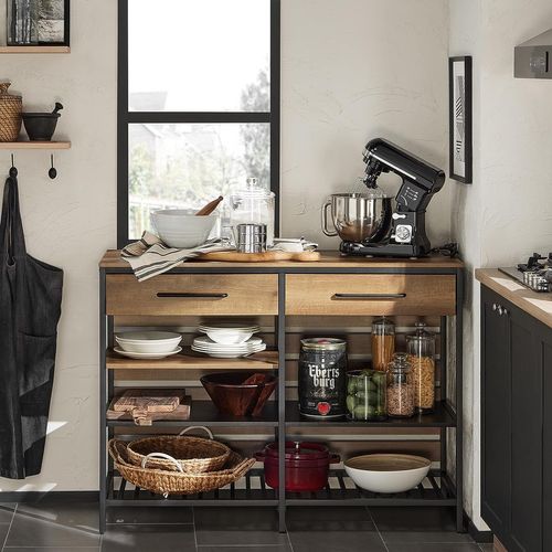 Îlot Central Table de Comptoir avec 2 Tiroirs et 3 Étagères – Style Industriel – 120 x 45 x 91 cm