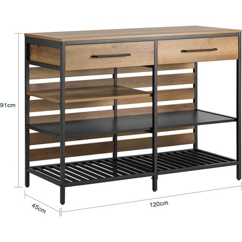 Îlot Central Table de Comptoir avec 2 Tiroirs et 3 Étagères – Style Industriel – 120 x 45 x 91 cm