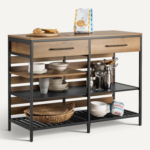 Îlot Central Table de Comptoir avec 2 Tiroirs et 3 Étagères – Style Industriel – 120 x 45 x 91 cm