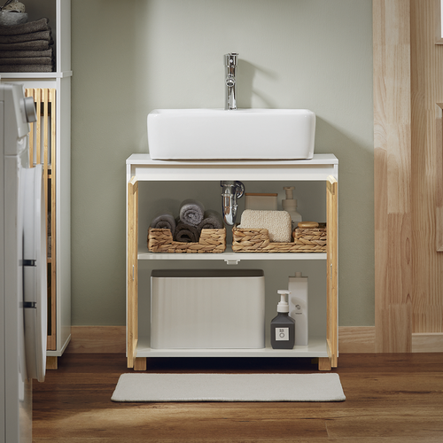 Mmeuble Sous Vasque à 2 Portes En Bambou, Placard Armoire De Rangement, BZr125-w