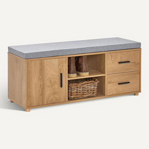 Banc De Rangement à Chaussure Avec Coussin Rembourré 2 Compartiments 1 Porte Et 2 Tiroirs, Fsr148-n