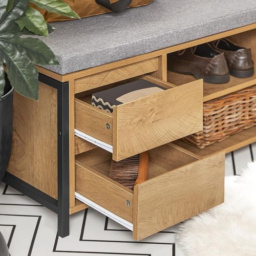 Banc De Rangement à Chaussure Meuble D'entrée Rangement Avec Coussin Et Tiroirs, Noir-naturel