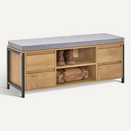 Banc De Rangement à Chaussure Meuble D'entrée Rangement Avec Coussin Et Tiroirs, Noir-naturel