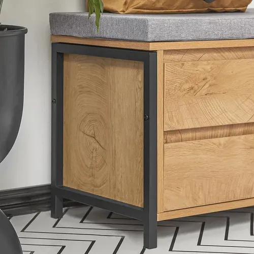 Banc De Rangement à Chaussure Meuble D'entrée Rangement Avec Coussin Et Tiroirs, Noir-naturel
