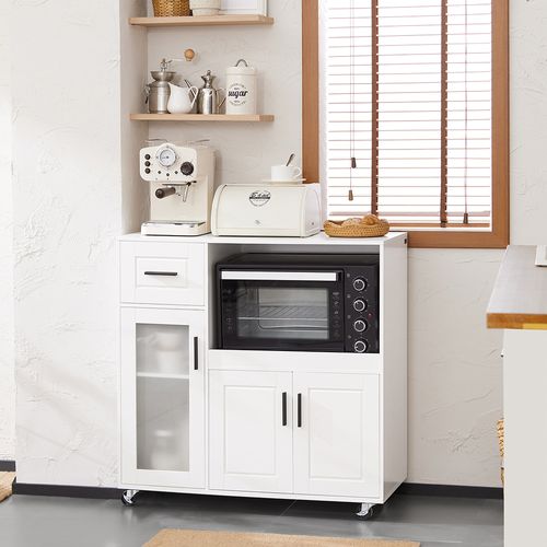 Meuble Micro-ondes Buffet Commode Sur Roulettes Avec 3 Portes, 1 Tiroir, 1 Compartiment, Fsb78-w