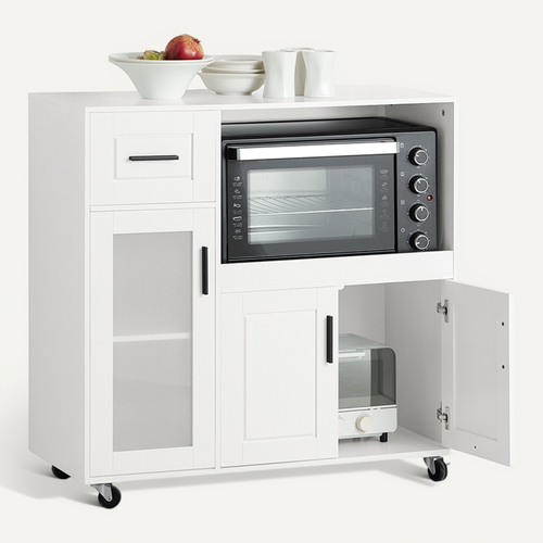 Meuble Micro-ondes Buffet Commode Sur Roulettes Avec 3 Portes, 1 Tiroir, 1 Compartiment, Fsb78-w