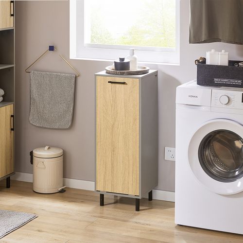 Armoire De Salle De Bain, Armoire à Linge, Corbeille à Linge, Couleur Bois Et Gris, BZr132-ng