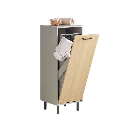 Armoire De Salle De Bain, Armoire à Linge, Corbeille à Linge, Couleur Bois Et Gris, BZr132-ng