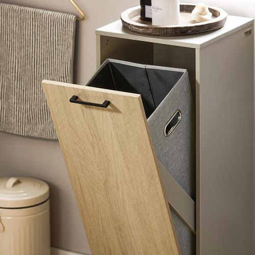 Armoire De Salle De Bain, Armoire à Linge, Corbeille à Linge, Couleur Bois Et Gris, BZr132-ng