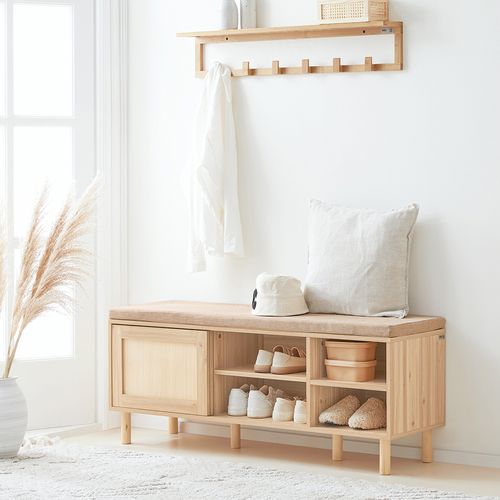 Banc à Chaussures Avec Coussin Rembourré, Étagères Et 2 Portes Coulissantes, Fsr163-n