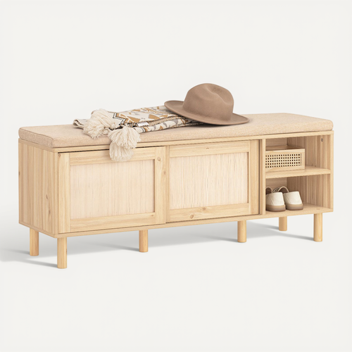 Banc à Chaussures Avec Coussin Rembourré, Étagères Et 2 Portes Coulissantes, Fsr163-n
