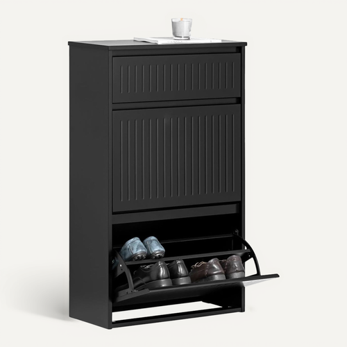 Meuble à Chaussures Meuble D'entrée Avec 2 Abattants 1 Tiroir Séparateur Réglable, Noir, Fsr165-sch