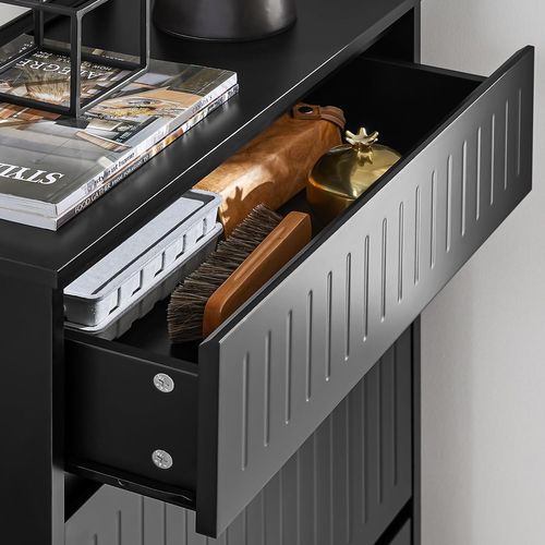Meuble à Chaussures Meuble D'entrée Avec 2 Abattants 1 Tiroir Séparateur Réglable, Noir, Fsr165-sch