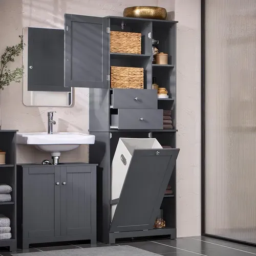 Colonne De Salle De Bain Placard, 2 Portes Et 2 Tiroirs, 6 Étagères, 1 Panier à Linge, BZr104-dg