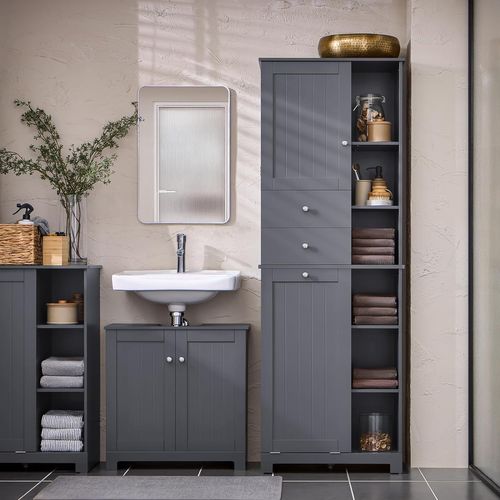 Colonne De Salle De Bain Placard, 2 Portes Et 2 Tiroirs, 6 Étagères, 1 Panier à Linge, BZr104-dg