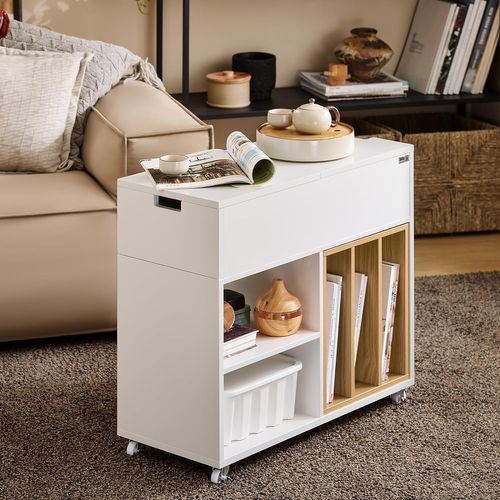 Bout De Canapé En Bois Table Basse Roulante, Avec Porte- Revues Et Tiroir, Blanc, Fbt134-w